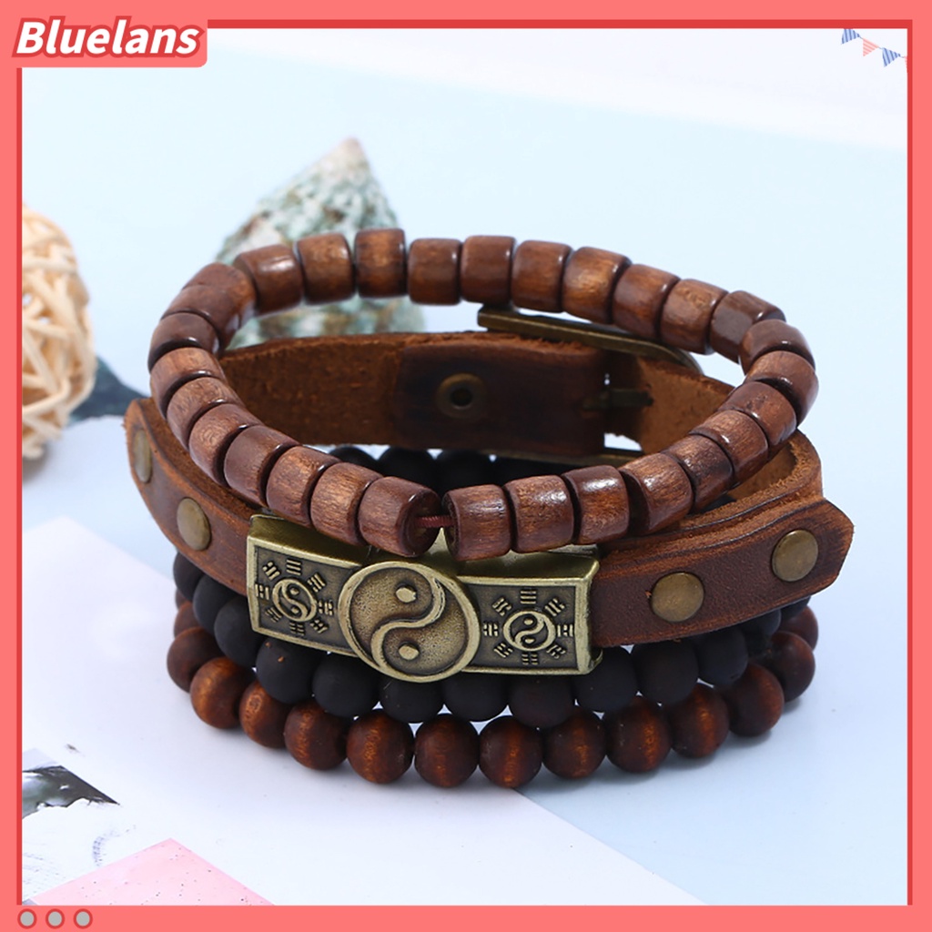 Bluelans 4Pcs Beaded Bracelet Simple Multi-layer Easy-using Tai Chi Leather Bracelets