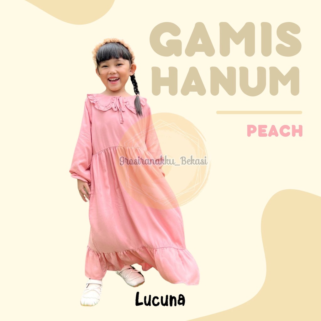 Gamis Rayon Anak Hanum Lucuna Warna Peach  2-10 Thn