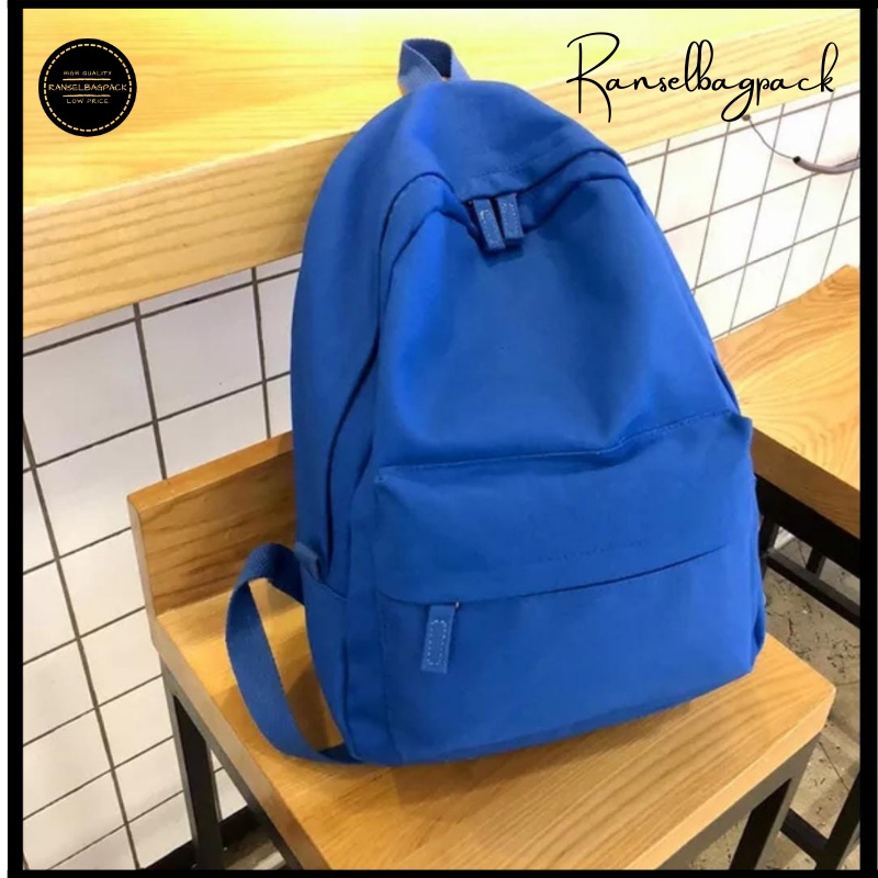 Tas Ransel Backpack Punggung Pria Wanita Sekolah Distro Polos Murah Terbaru Cewek Cowok Pria Wanita-Biru benhur