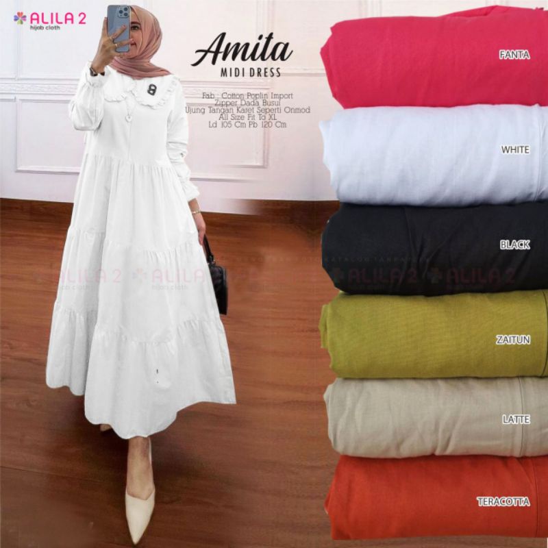 Amita midi dress katun poplin import premium / zipper depan / realpict original by Alila