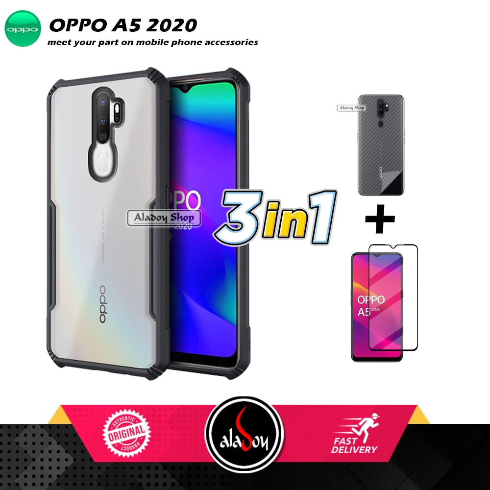 Case Oppo A5 2020 Armor Fushion Transparent Casing + Tempered Glass Full Layar dan Skin Carbon