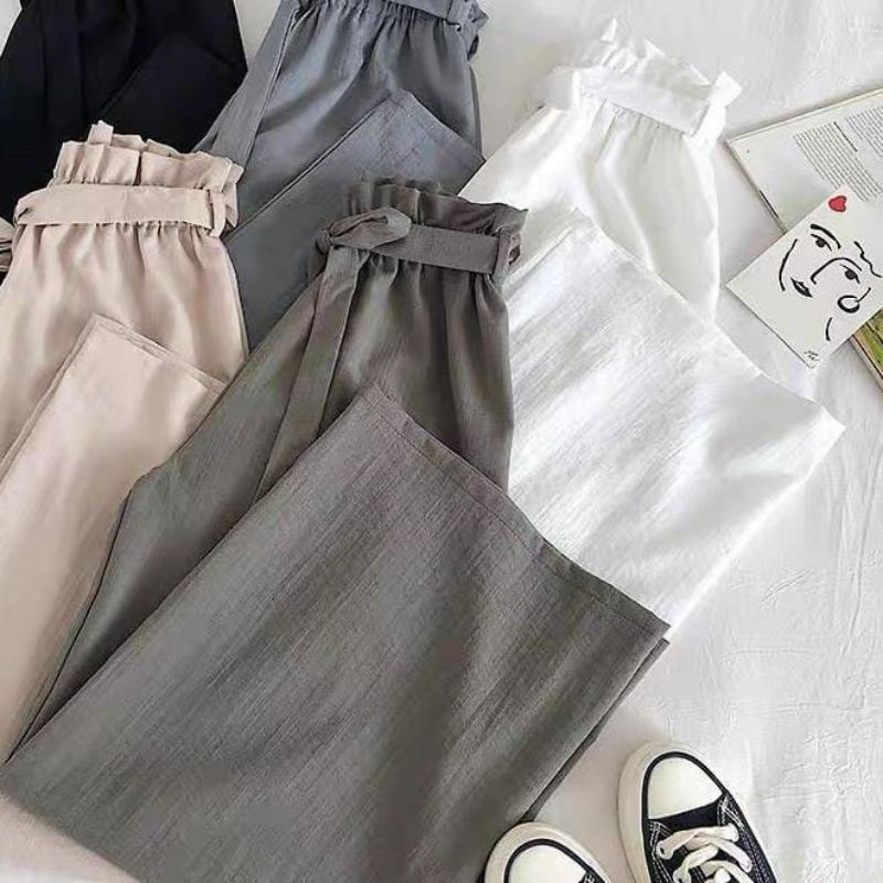 Celana Wanita Korea / Celana Kulot Linen Rami Highwaist Pinggang Karet