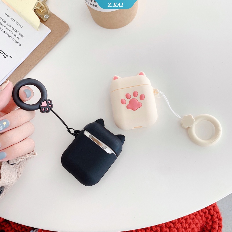 Casing Silikon Motif Kartun Cakar Kucing + Gantungan Kunci Untuk Simpan Earphone Wireless Bluetooth Apple AirPods 1 / 2 pro