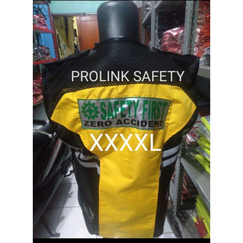 ROMPI SAFETY JUMBO XXXXL BERLOGO LENGKAP DADA PUNGGUNG KUNING HITAM BAHAN TASLAN SAMPING JARING