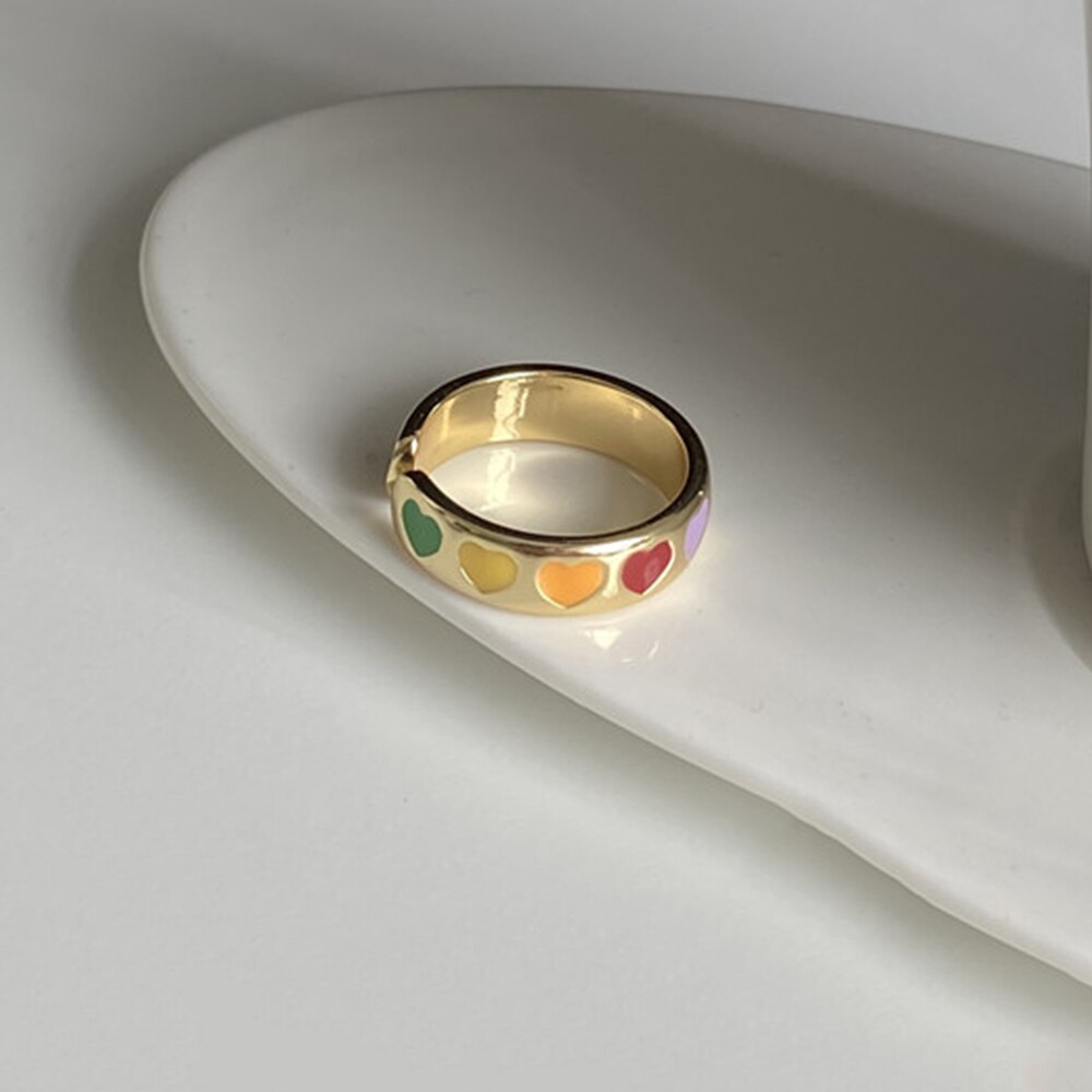 Cincin Model Terbuka Desain Hati Enamel Warna-Warni Gaya Vintage Untuk Wanita