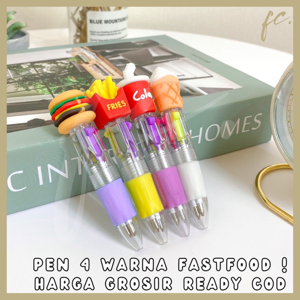 

Pen / Pulpen / Bolpoin Cetek 4 in 1 Warna Mini Lucu Fast Food Burger Cola French Fries Kentang Ice Cream Cone Harga Grosir Ready COD