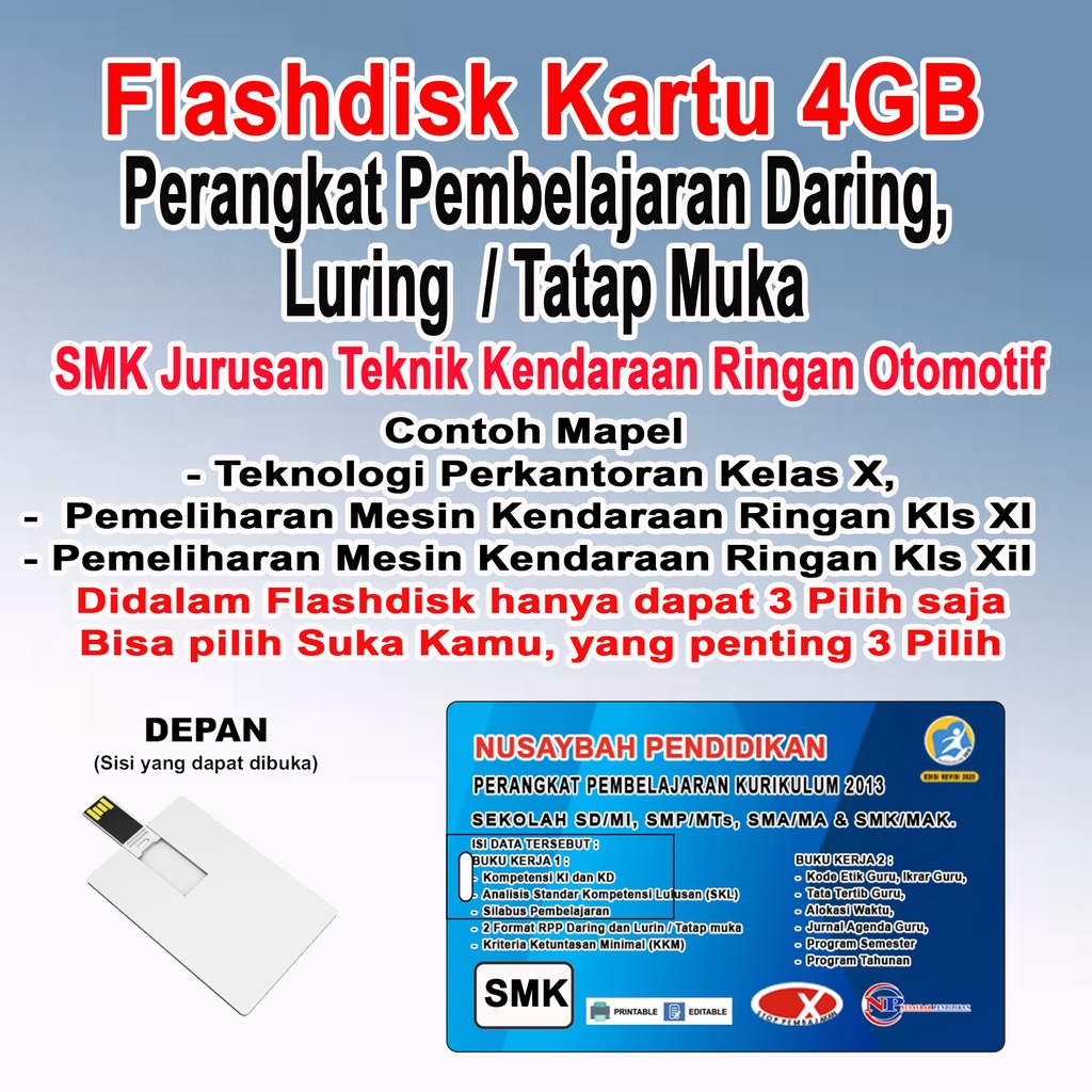 PERANGKAT PEMBELAJARAN DARING DAN LURING/TATAP MUKA, SMK JURUSAN TBSM, TKR, TITL, 2SEMESTER,(KARTU FLASHDISK 4GB)