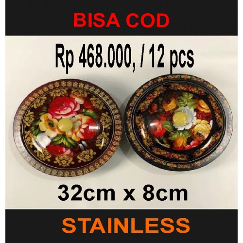 Baskom Panci Bulat Wadah Saji Tutup Stainless Motif Bunga Diameter 32cm x 8cm