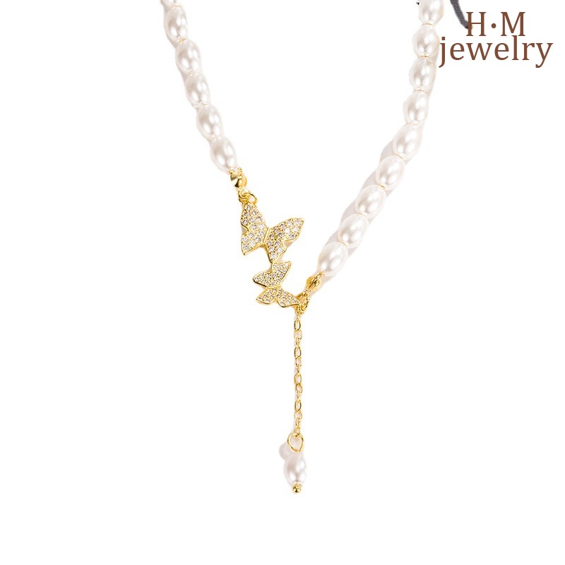 Kalung Rantai Dengan Liontin Kupu-Kupu + Mutiara Retro Mewah Untuk Wanita