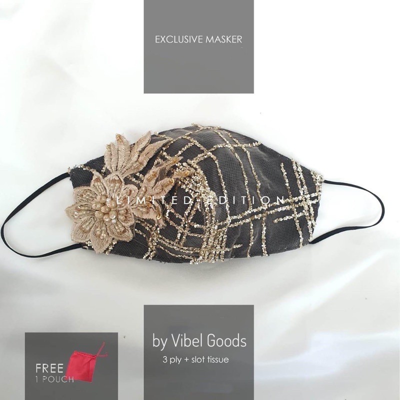 Masker Kain Brokat Premium Pesta 3ply | Satin Hitam Brokat Emas Bunga 3D