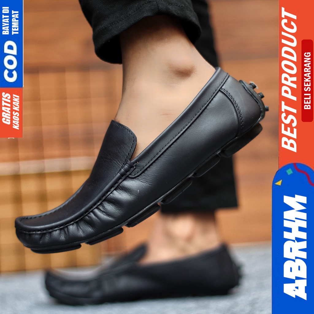 Sepatu Casual Pria Slip On Slop Selop Pansus Santai Kulit Asli Kerja Kantor Kulit Kondangan Hitam Polos Fashion shoes Terbaru Original Murah Kekinian Cowok GENIO ABRHM