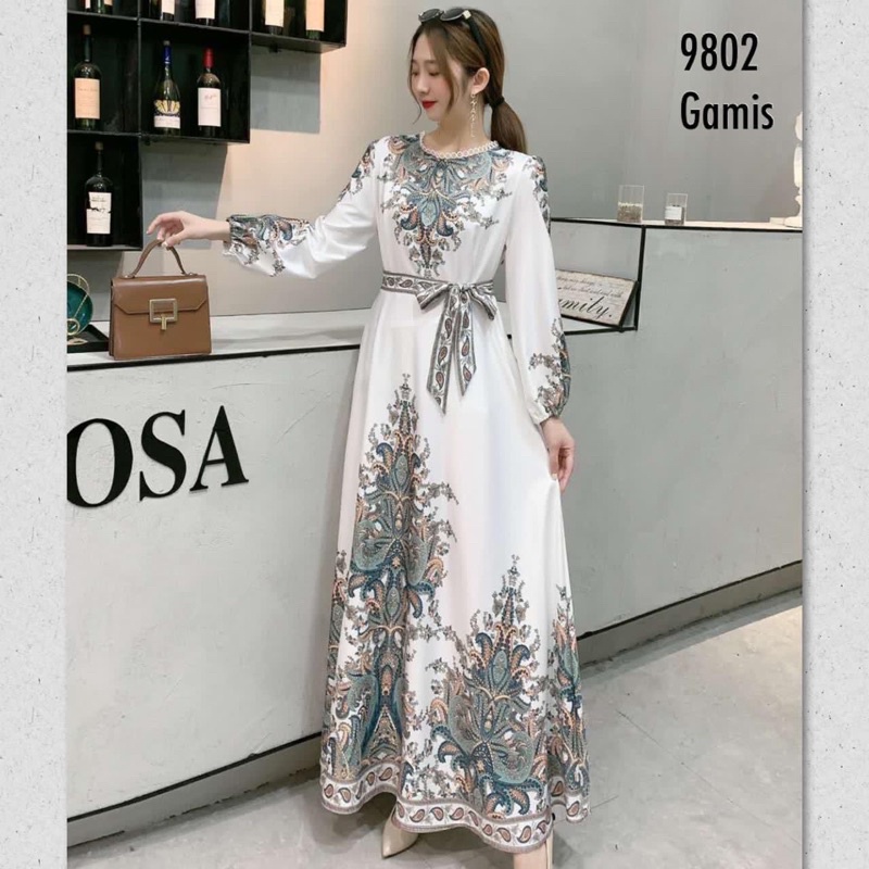 SALE!!! DRESS MAXI ESTILO ELEGAN IMPORT / IVORY ORI BKK-putih corak hijaunew