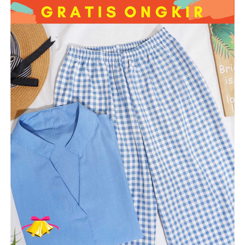 COTTONBELLS CASUAL JUMPSUIT WANITA BERDINE SQUARE PLAID V SET PANTS (JJ - JS 1758)-7