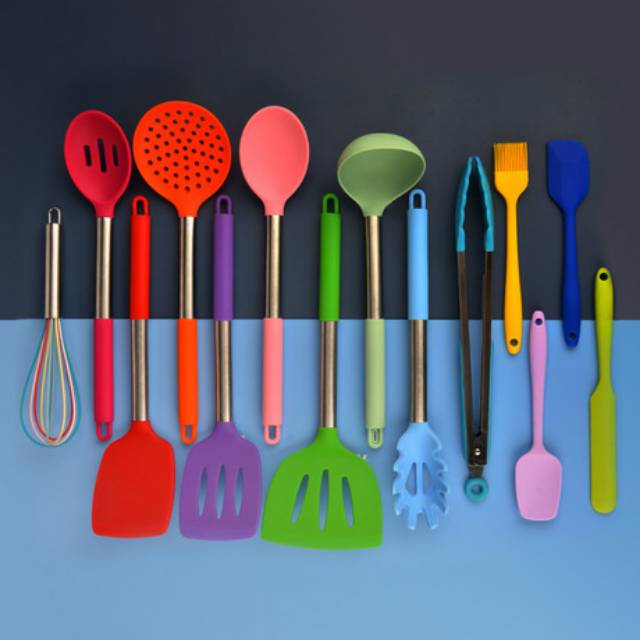 Colorfull silicone spatula cooking utensil set 15s with stainless handle /set alat masak silikon