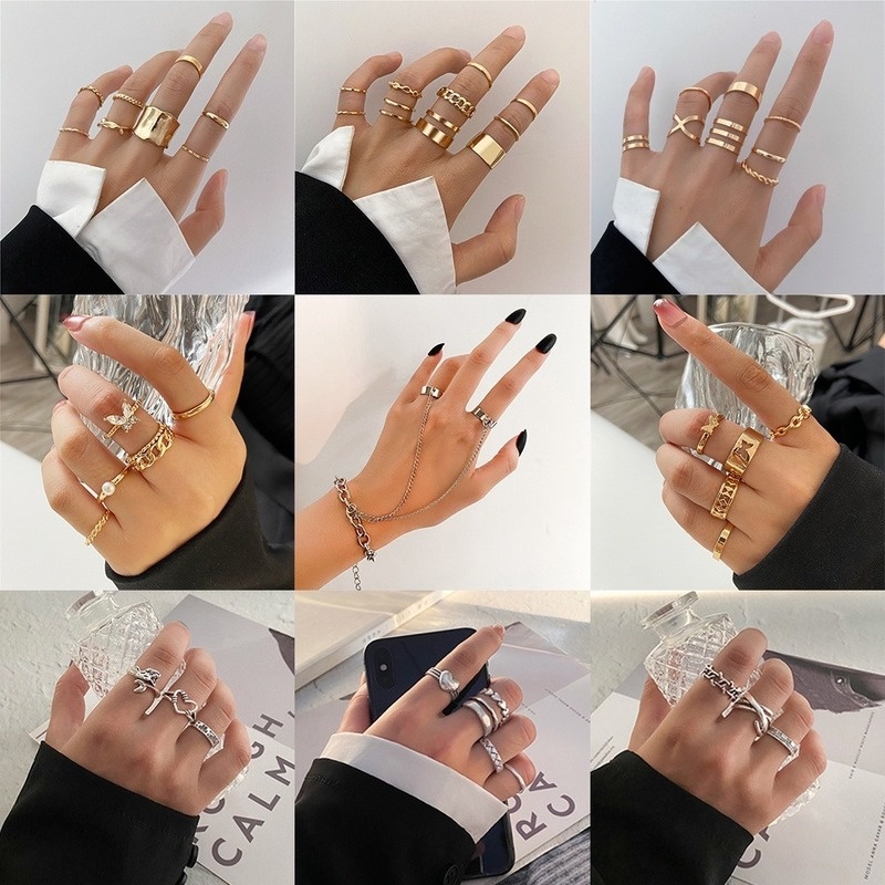 IFYOU 2021 Set Cincin Desain Kupu-Kupu Hollow Hias Kristal Mutiara Warna Emas / Silver Untuk Wanita