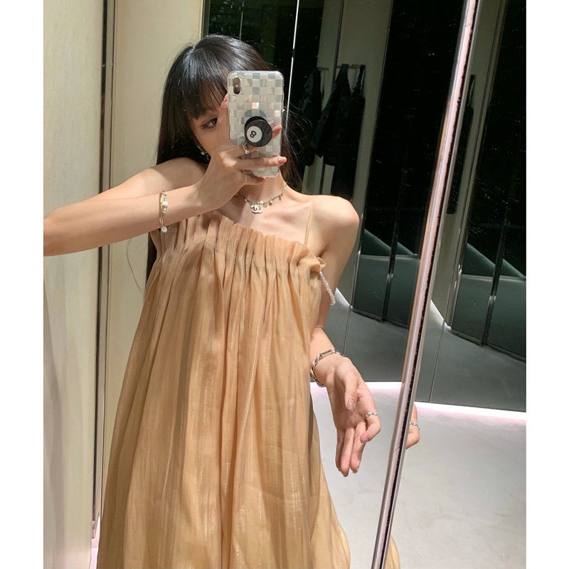 ℗❐❡Angin lembut gaun one-piece 2022 musim panas sangat peri garis vertikal halus flash mutiara tali tube top suspender dress wanita