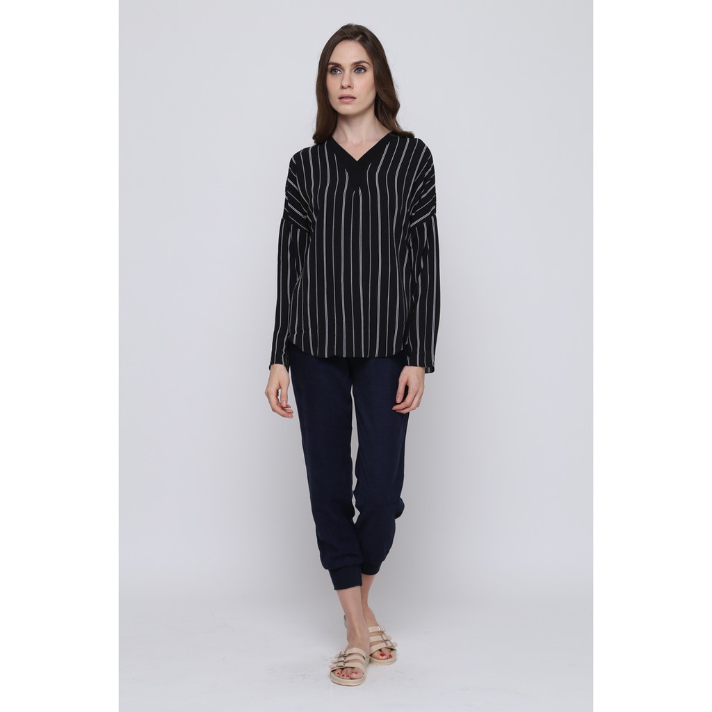 BLOUSE V NECK LENGAN PANJANG MURAH WARNA HITAM BLU 01