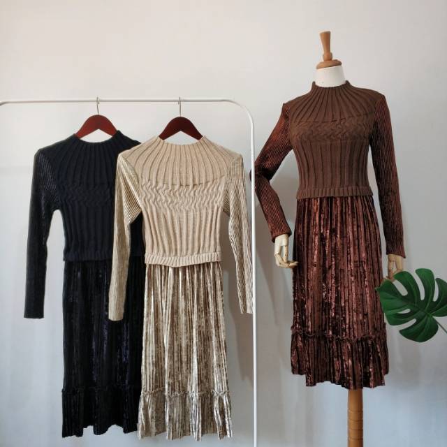 Dress rajut kepang -velvet plisket prisket pleated import bkk hk chn bangkok china