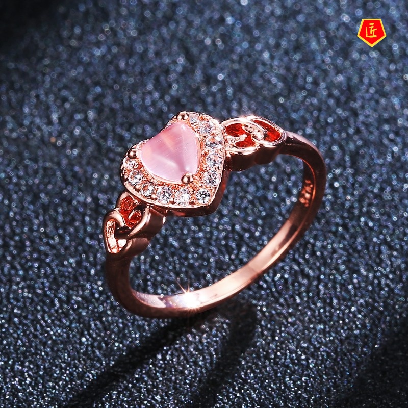 [Ready Stock]Fashion Popular Rose Gold Heart-Shaped Pink Crystal Ring