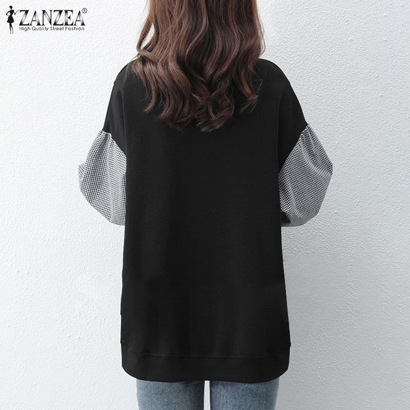 ZANZEA Women Puff Sleeved Plus Size Loose Sweatshirts Elegant Patchwork Blouse