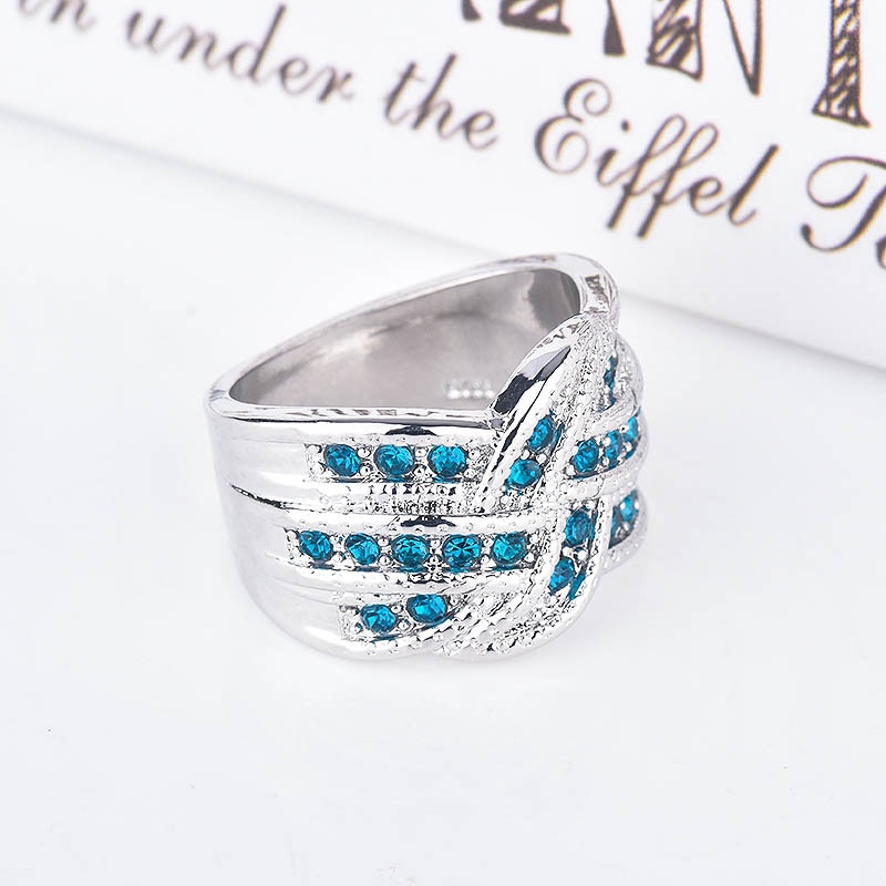 Cincin Wajah Lebar Berlian 925 Perak, Putih dan Biru Wanita