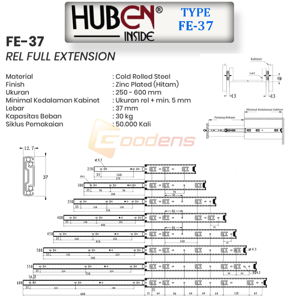 Huben FE-37 60cm Rel Laci Full Extension Double Track
