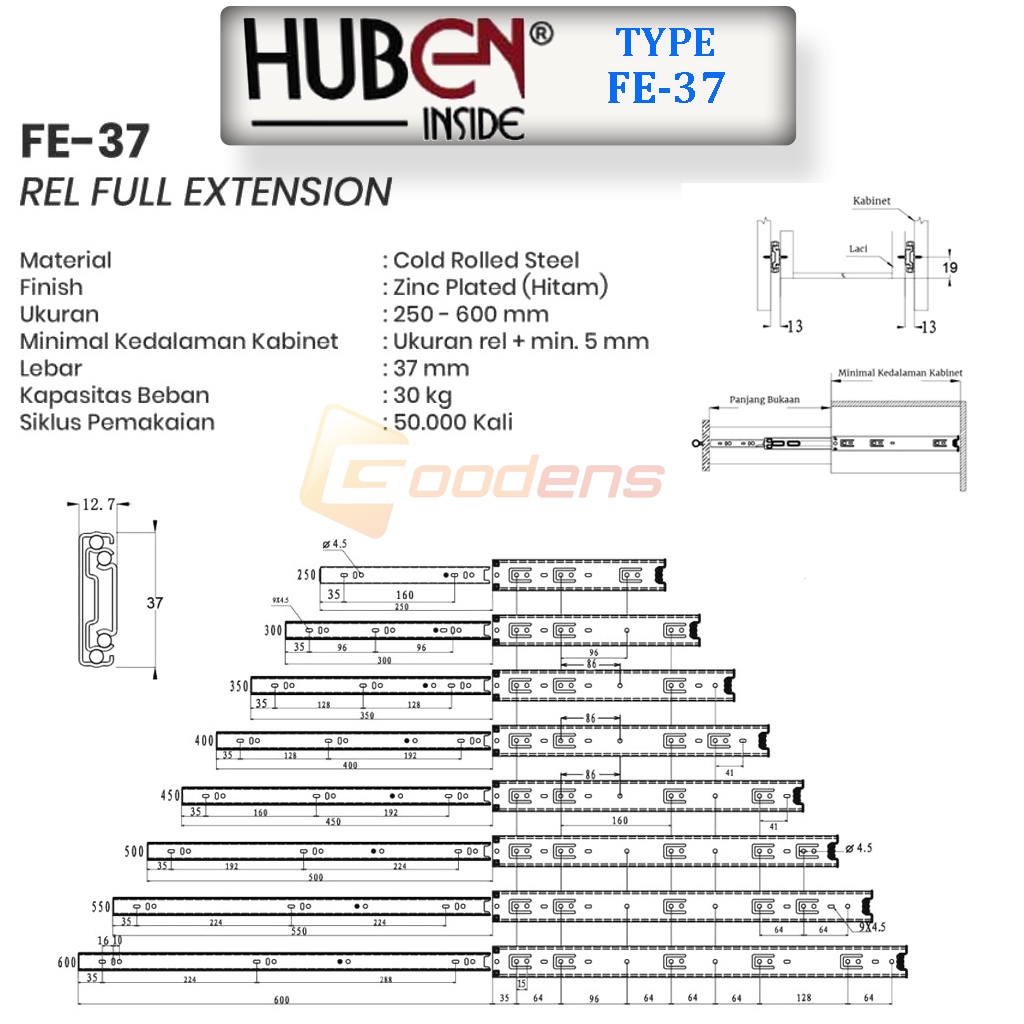 Huben FE-37 40cm Rel Laci Full Extension Double Track