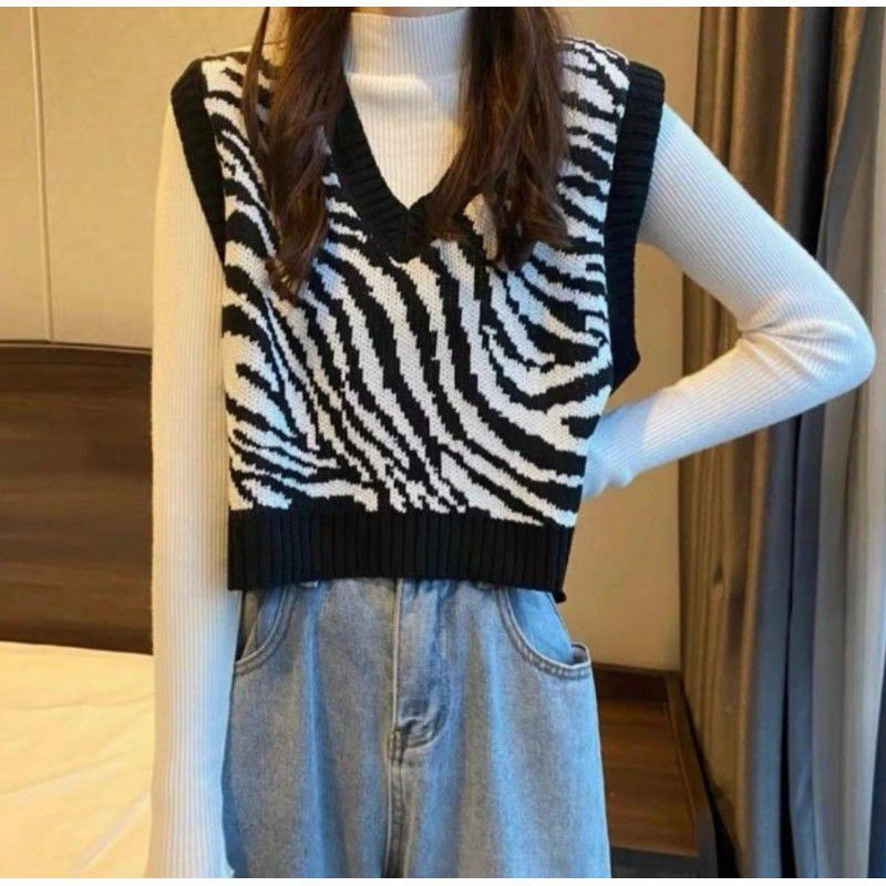 Zebra Vest Wanita Rajut Import Komputer Premium