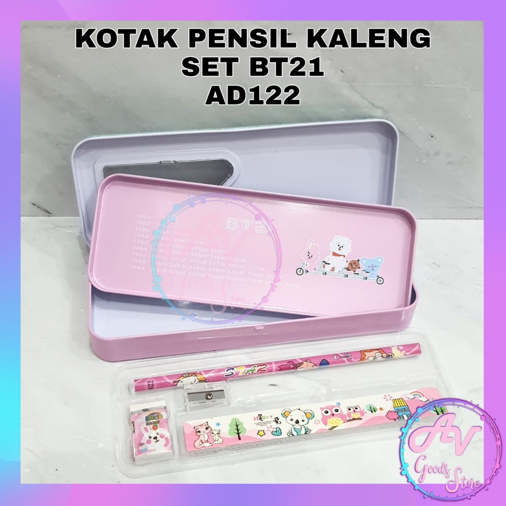 KOTAK PENSIL / TEMPAT PENSIL SET BTS BT21 / KOTAK PENSIL KALENG SET BT21 AD-122-1