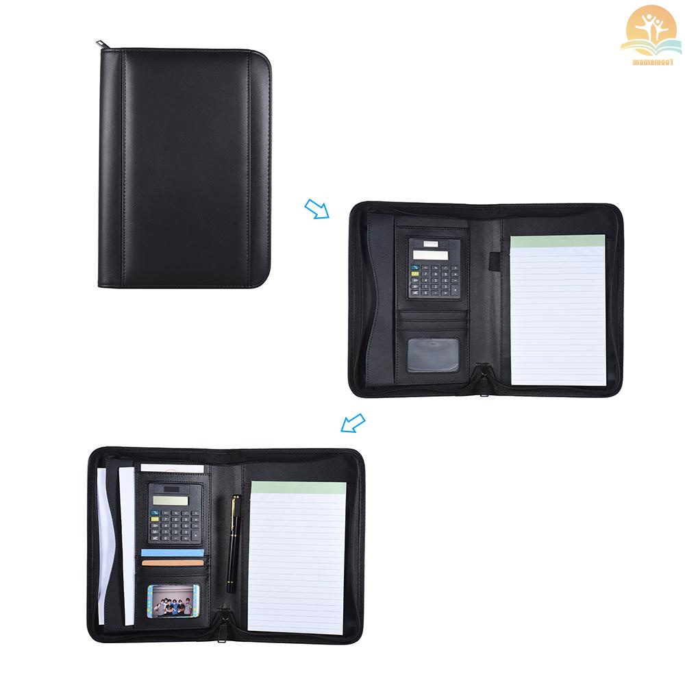 Portable Professional Business Portfolio Padfolio Folder Document Case Organizer A5 PU Leather Zippered Closure with Calculator Card Holder Memo Note Writing Pad