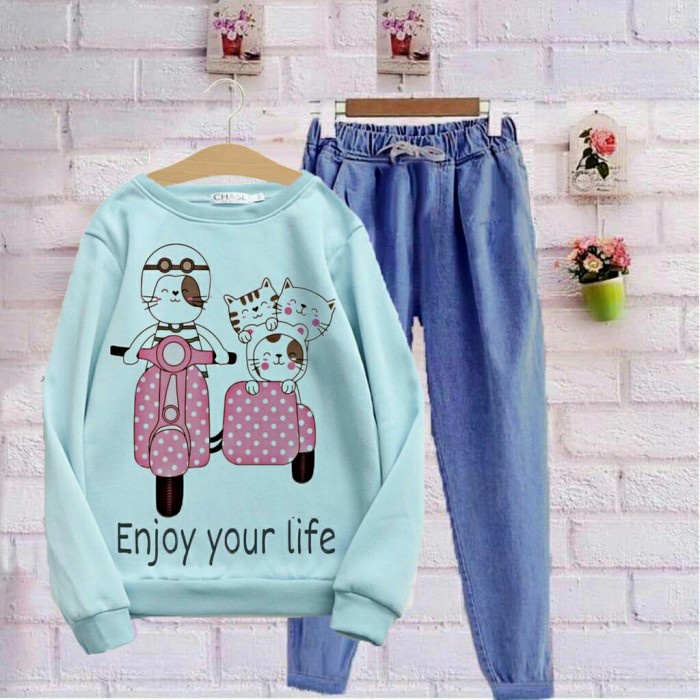 Baju Setelan Sweater Kaos Wanita Lucu Karakter Anak Remaja Perempuan - Biru