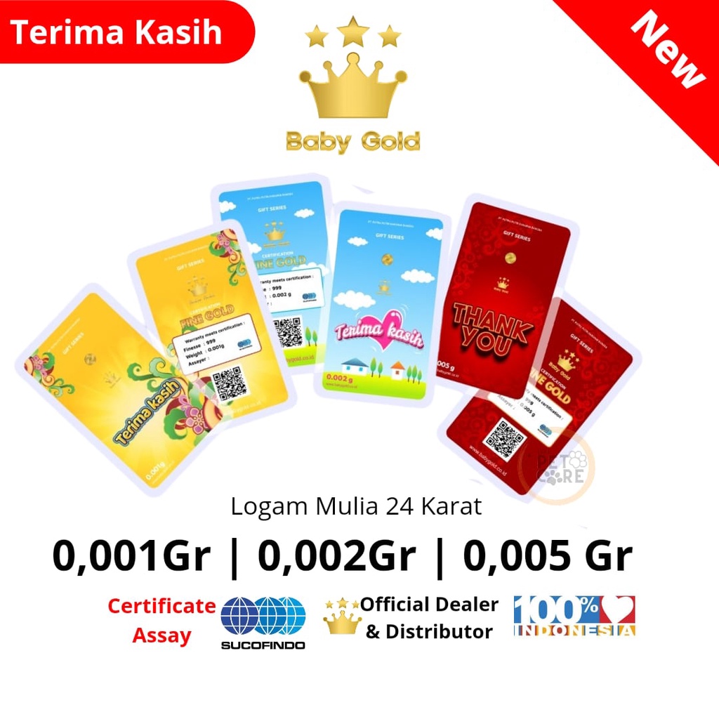 Baby Gold edisi TERIMA KASIH 0.001g / 0.002g /0.005g Logam Mulia Emas Mini