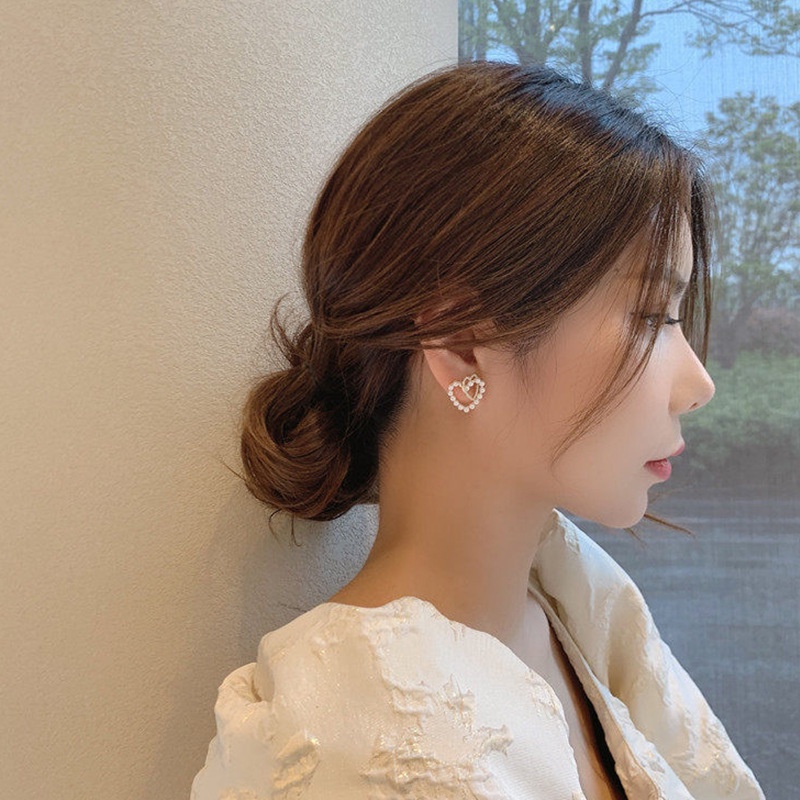 Anting Tusuk Gantung Desain Hati Ganda Hias Mutiara Gaya Retromewah Untuk Wanita