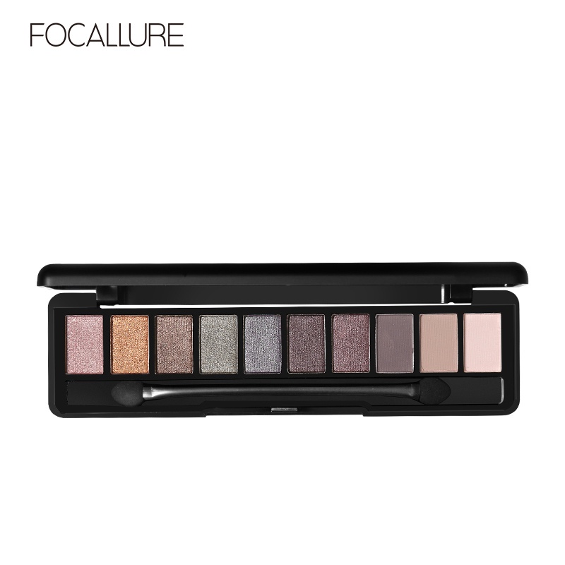 FOCALLURE 10 Warna Eyeshadow Palette Nude eye shadow with Brush Untuk Mata FA08