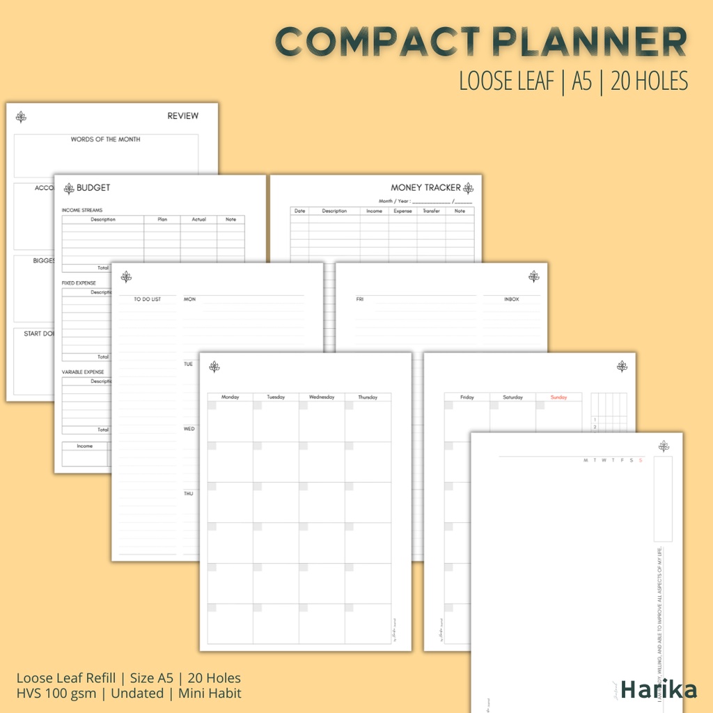

Loose Leaf - Compact Planner | Undated - Monthly | A5 - 20 Holes