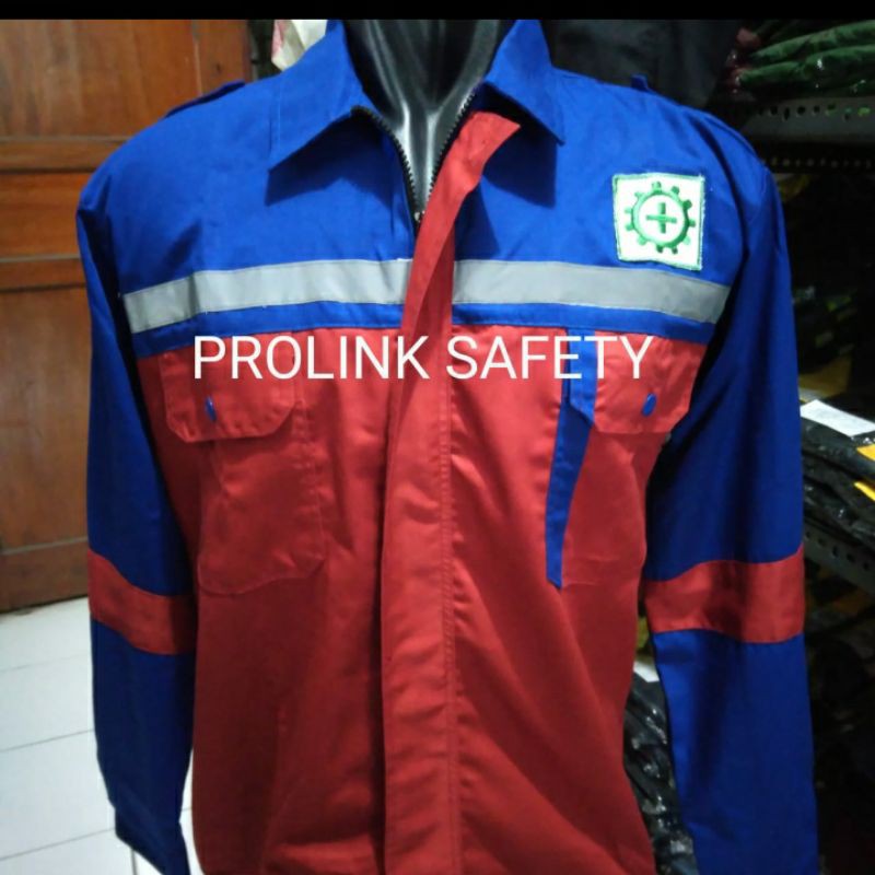 SERAGAM SAFETY BAJU PROYEK MERAH BIRU RESLETING KAIN DRILL FREE LOGO K3 BENDERA