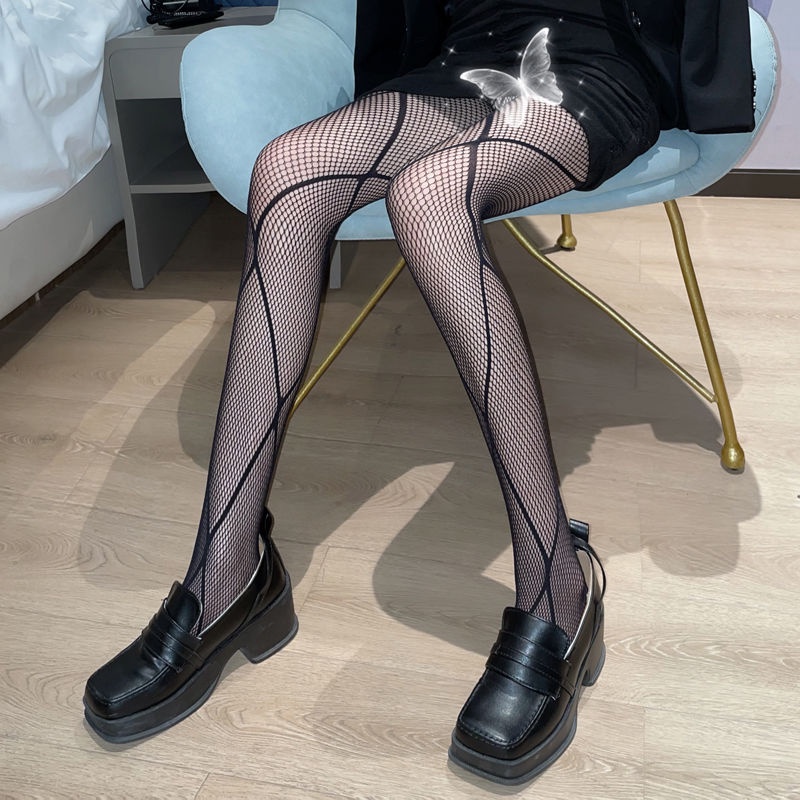 Stoking hitam wanita seksi kaki bergaris kaus kaki jala berongga JK bottoming pantyhose sutra hitam