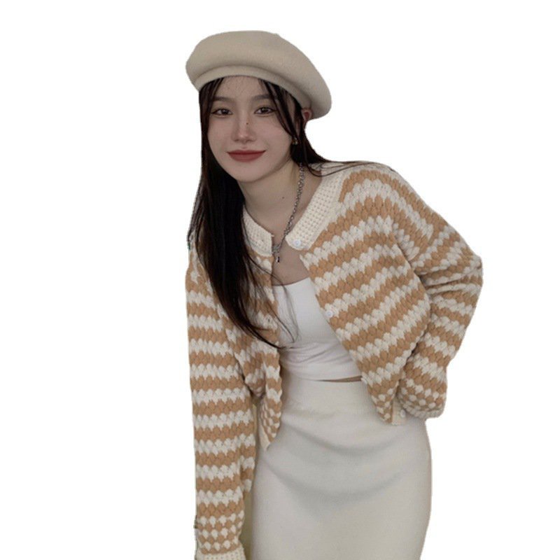 #Sisjuly# Wanita Retro Striped Knit Cardigan Fashion Wanita Musim Gugur dan Musim Dingin Longgar Des