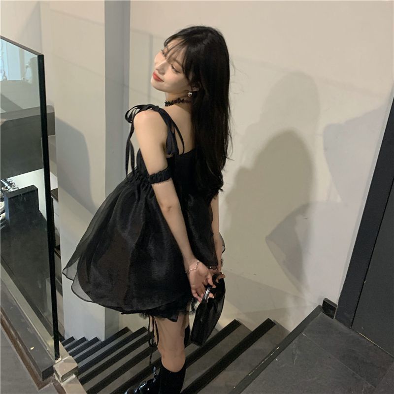 dress korean style dark suspender dress retro high waist French a-line short skirt fairy summer