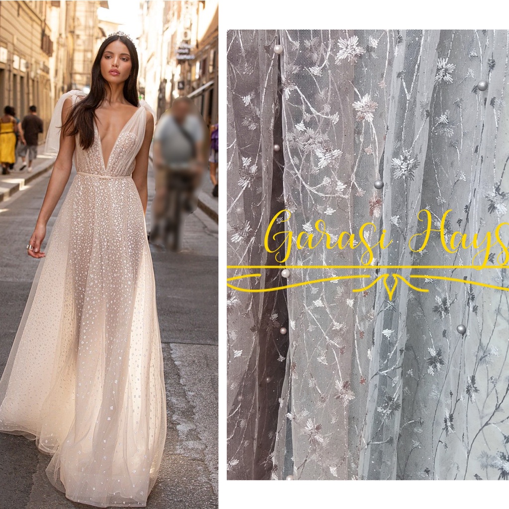 Kain Tulle Lace Brokat Brukat dengan Pearl Monte Pinggiran Broken White Putih Tulang