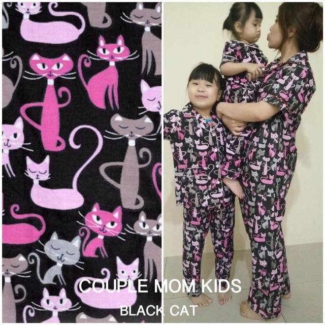 Kids Black Cat Piyama Anak Setelan Bisa Couple Baju Tidur Katun Premium Anak Pasangan Ibu Anak