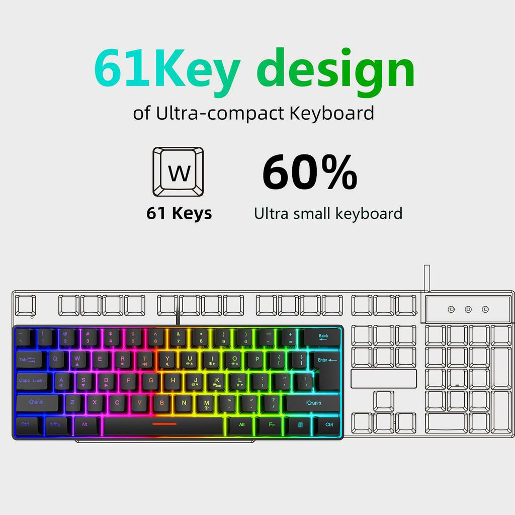 Y-FRUITFUL Keyboard Gaming RGB Backlit Mechanical Feel 61 Key Wired - K401 - Black