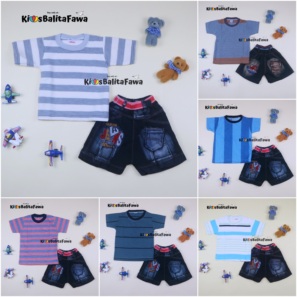 Setelan Salur Jeans uk 1-2 Tahun / Kaos Anak Murah Celana Jeans Anak Murah Setelan Anak Murah