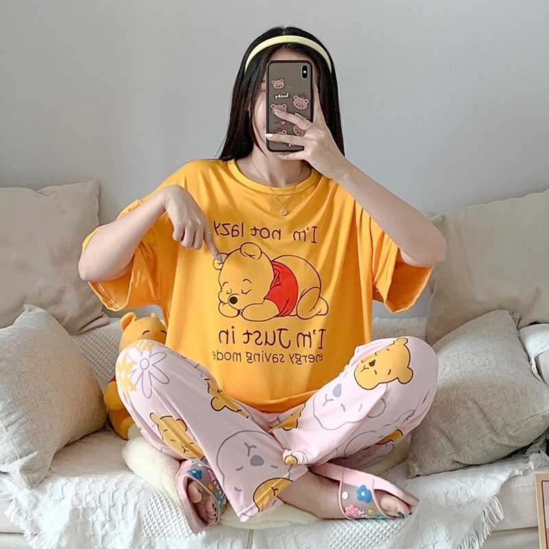 Piyama Oversize Bahan Kaos Lengan Pendek Baju Tidur Wanita pakaian tidur wanita kaos set baju tidur wanita piyama-Lazy Pooh