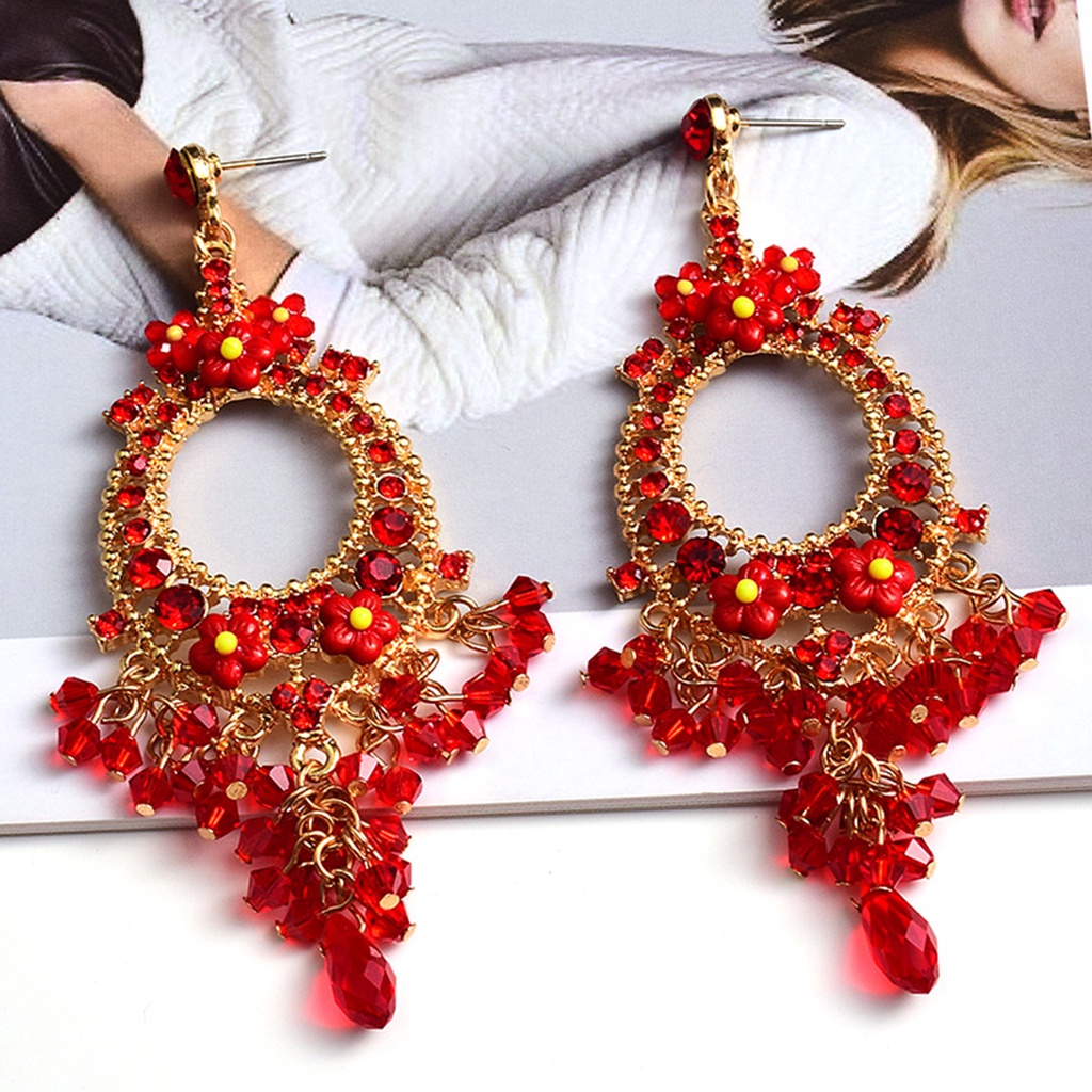 Hu Hu Hu Hu Hu Alat Bantu Pasang Kacamata♡ 1 Pasang Anting Rumbai Manik-Manik Bunga Berlian Imitasi Warna-Warni Gaya Bohemian Untuk Kencan