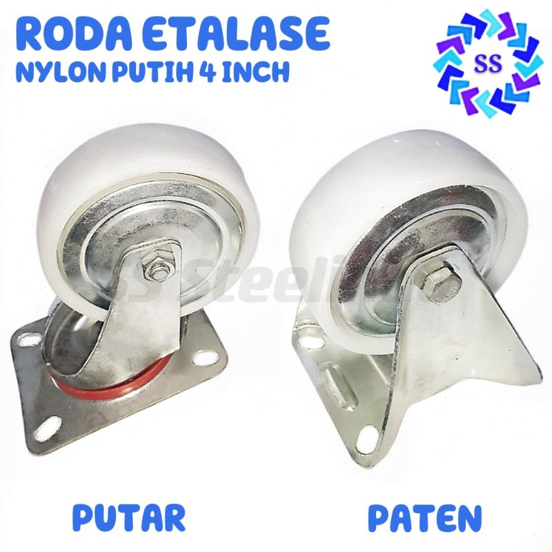 RODA ETALASE-TROLI NYLON-PUTIH PUTAR DAN PATEN 4 INCH