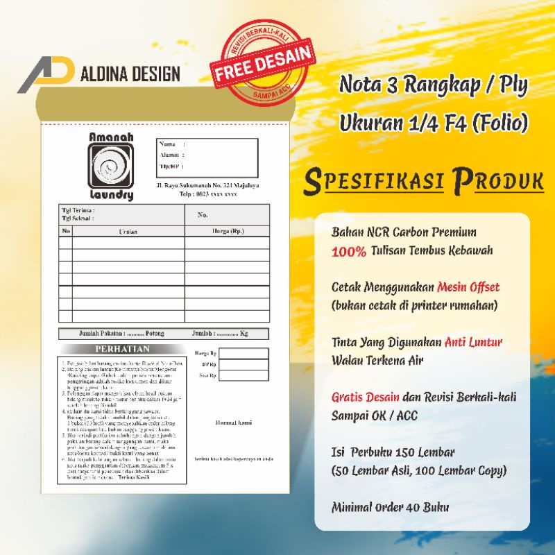 

Nota custom murah, 3 rangkap ukuran 1/4 F4 (Folio)