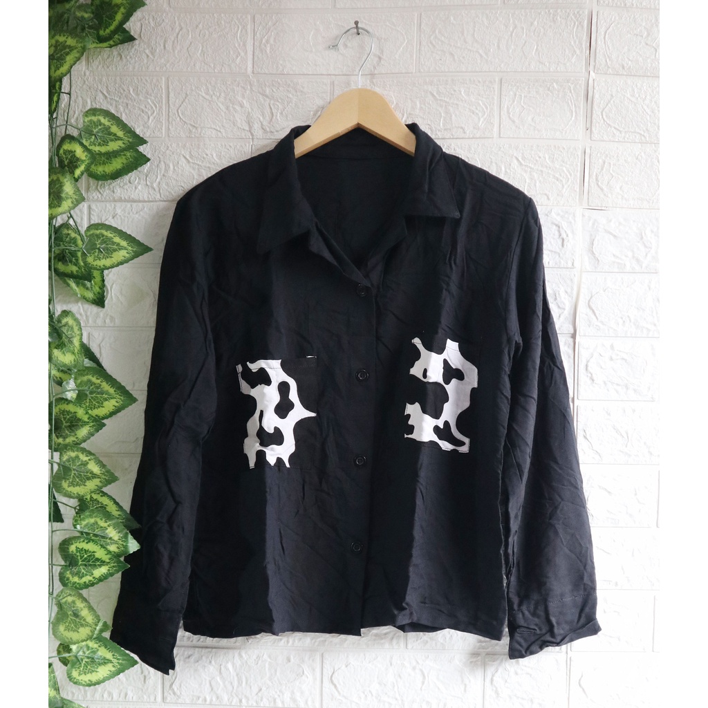 Baju Kemeja Wanita Two Tone Animal Kekinian / Kemeja dua warna / Top Wanita / Atasan Wanita-Hitam LS01