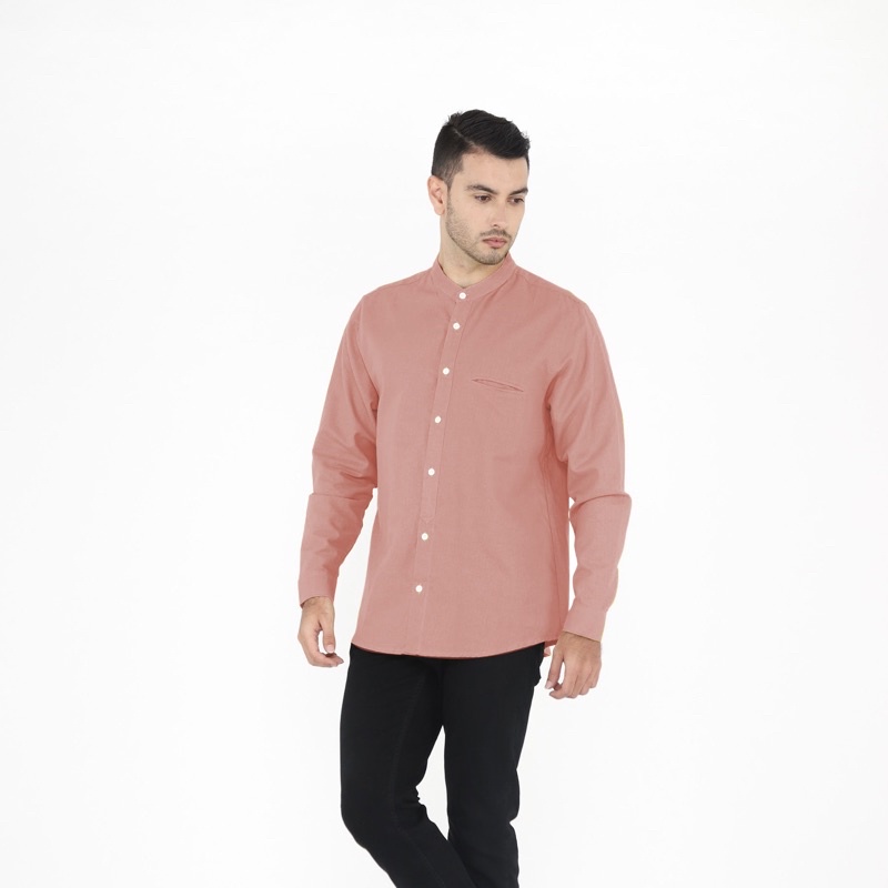Yobebee Kemeja Pria Dewasa Linen Tangan Panjang Baju Muslim Atasan Polos Slim Fit Kemeja Koko Chiangi Kerah Laki Laki Baju Couple Anak dan Ayah-PeachSalmon