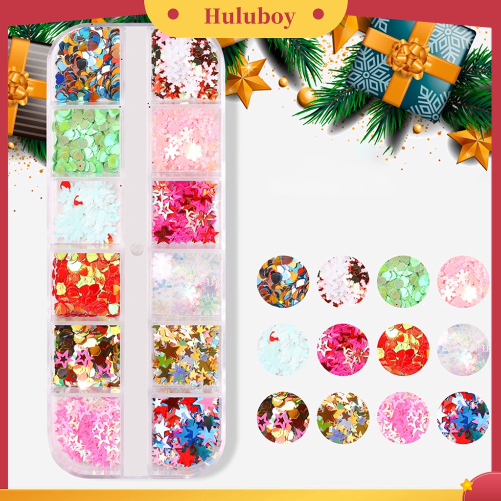 Huluboy Huluboy♡ 12 Grids / Box Stiker Sequin Mini Tema Natal Untuk Manicure